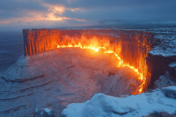 Large crater with flowing lava in foreground.
