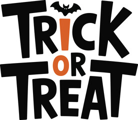 Spooky halloween trick or treat text with a flying bat silhouette and orange accents