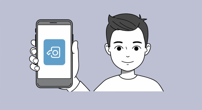 Cartoon of man showing smartphone with file transfer icon. File transfer on smartphone illustrated with simple cartoon man holding cell phone to display process, for informational needs.