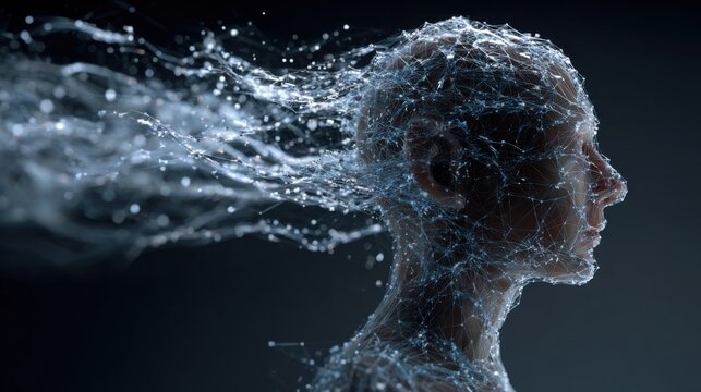 Digital human head made of interconnected nodes and lines, symbolizing AI and technology