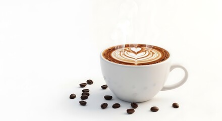 White mug of latte coffee with heart art and scattered beans
