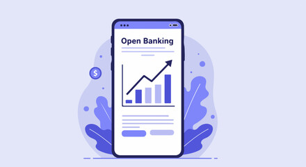 Open banking on mobile phone shows financial growth with rising graphs, and coin aside. Concept financial open banking growth in phone showing business progress, success, and gain.