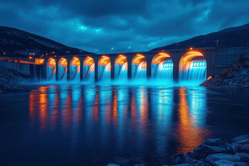 Large waterfall with lights cascading down.