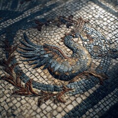 Detailed close-up of an ancient, weathered mosaic depicting a mythical phoenix bird with blue and brown tesserae.