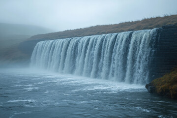 Waterfall cascading in mist.