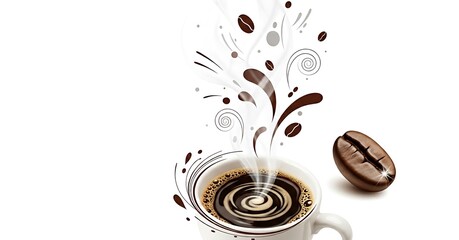 Creative coffee cup with swirling steam and coffee beans