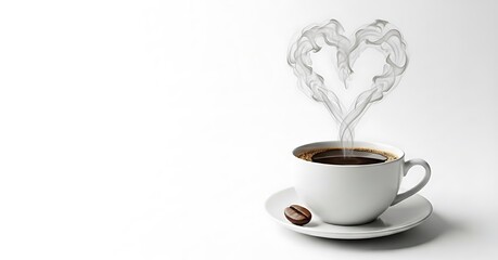 Hot coffee cup with heart shaped steam on white background