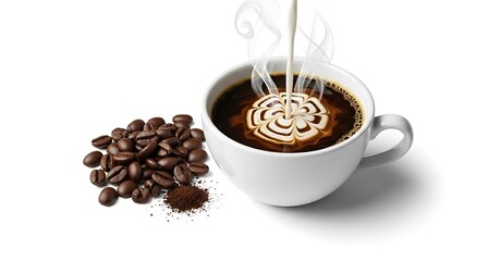 Hot coffee pouring into white mug with coffee beans