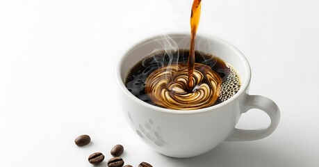 Hot coffee being poured into a white mug with coffee beans