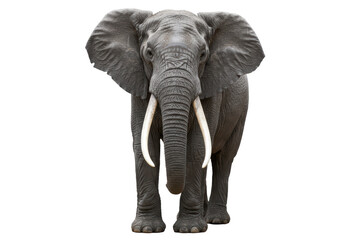 Isolated African elephant standing with tusks facing camera, majestic powerful animal