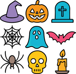 "Colorful Halloween Line Art Icon Set – Vibrant Vector Illustrations Featuring Witch Hat, Jack-o'-Lantern, Tombstone, Spiderweb, Ghost, Bat, Spider, Skull, and Candle on White Background for Seasonal 