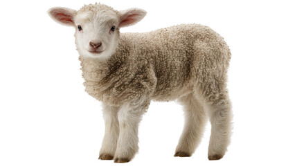 Fototapeta premium Cute lamb standing on white background, showcasing soft wool and charming expression.