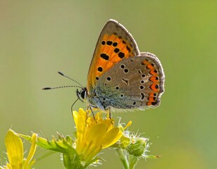 Obraz premium A close-up of a copper butterfly delicately feeding on a vibrant yellow flower, showcasing intricate wing patterns and a soft, natural background.