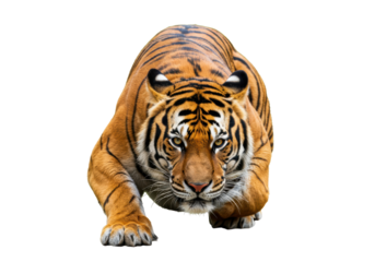 Isolated tiger crouching down, ready to pounce, stalking its prey in the wild, beautiful animal