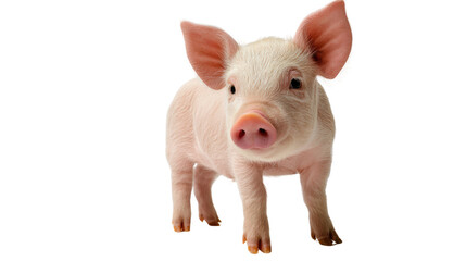 Cute pink piglet standing and looking curiously, white isolated background.