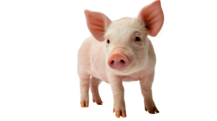 Cute pink piglet standing and looking curiously, white isolated background.