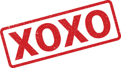Red grungy stamp with XOXO lettering in a simple rectangular frame design