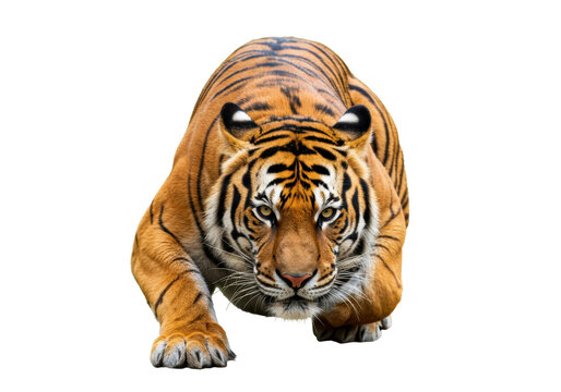 Isolated tiger crouching down, ready to pounce, stalking its prey in the wild, beautiful animal - Powered by Adobe