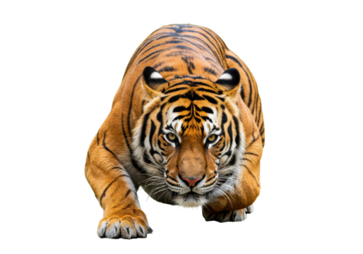 Isolated tiger crouching down, ready to pounce, stalking its prey in the wild, beautiful animal