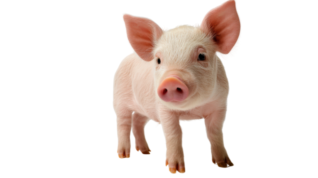 Cute pink piglet standing and looking curiously, white isolated background.