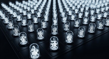 High-tech array of futuristic glass capsules, each containing a glowing molecular structure of particles on a dark grid surface
