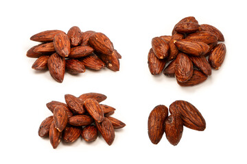 A group of caramelized almonds isolated on a white background.