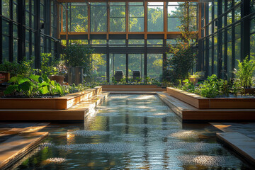Water cascading into a pool in a serene indoor garden.