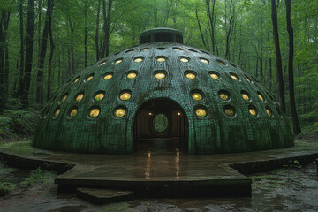 Green building with numerous windows.