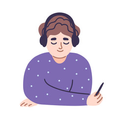Smiling man in a warm cozy sweater and headphones listening to a podcast. Hand drawing flat vector illustration, simple minimal doodle design.