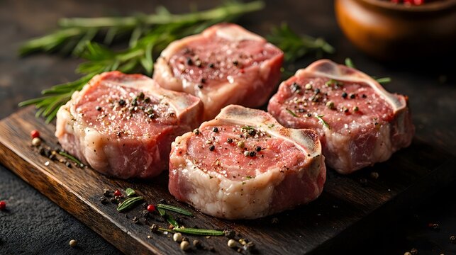 Four raw lamb chops seasoned with pepper and salt are presented on a rustic wooden cutting board ready for grilling or roasting for a delicious meal preparation. - Powered by Adobe