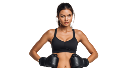 Female boxer in gloves, confident pose, isolated on white background.