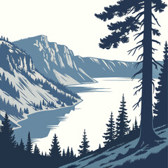 Serene blue mountain lake landscape with tall evergreen trees and rocky cliffs © bilkish