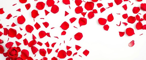 Scattered red rose petals on pristine white background, top-down view, anniversary, romantic