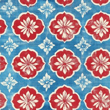 A blue and red floral patterned fabric with white flowers