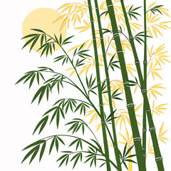 Stylized illustration of tall green bamboo stalks with green and yellow leaves against a pale yellow sun