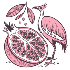 Stylized pink bird stands beside a halved pomegranate with leaves and seeds on a white background