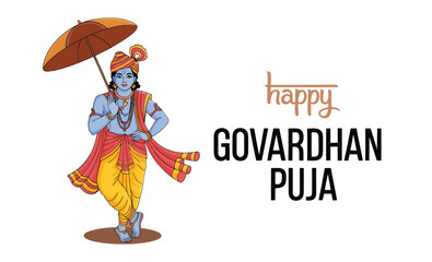 Lord Krishna illustration for Govardhan Puja holding umbrella, adorned in traditional attire, celebrating Diwali with divine symbolism