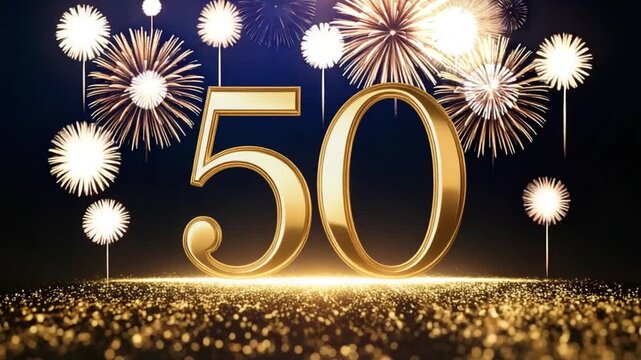 Golden number 50 with fireworks, elegant design for half-century birthday celebrations.  