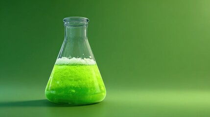 A green liquid in a conical flask against a green background.