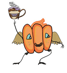 A whimsically illustrated Halloween pumpkin with wings and spindly legs holds a cup of coffee. Coffee lover Halloween illustration.