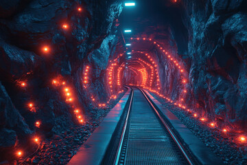 Train with red lights passing through tunnel.