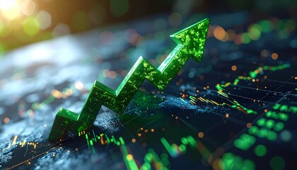 A green zigzag arrow rises across a digital stock interface—candlestick charts and data glow in the background, evoking bullish momentum, financial optimism, and the pulse of market growth.
