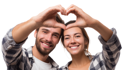 Happy couple making a heart shape with hands against a white background.