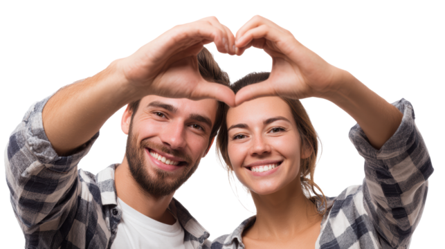 Happy couple making a heart shape with hands against a white background.