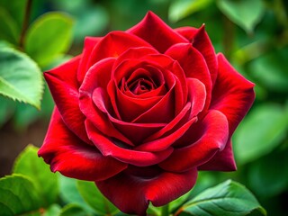 Closeup of a vibrant red rose with velvety petals and lush green leaves in a garden setting