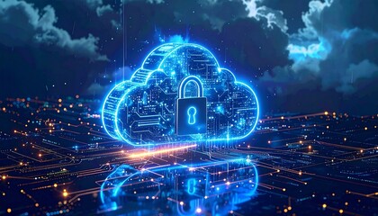 A glowing blue cloud with a central padlock floats in a dark digital space—surrounded by circuits and icons, evoking cybersecurity, data protection, and the futuristic rhythm of cloud infrastructure.