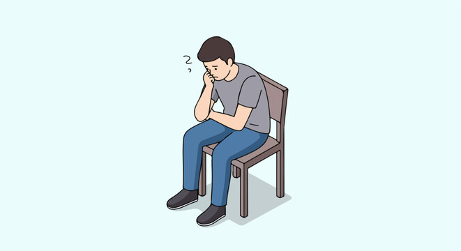 Seated man is feeling sleepy, depicted in a minimal 2.5D illustration, with a cartoon figure slumped in a chair, showing signs of drowsiness. Seated man needs a break or suffering from fatigue,