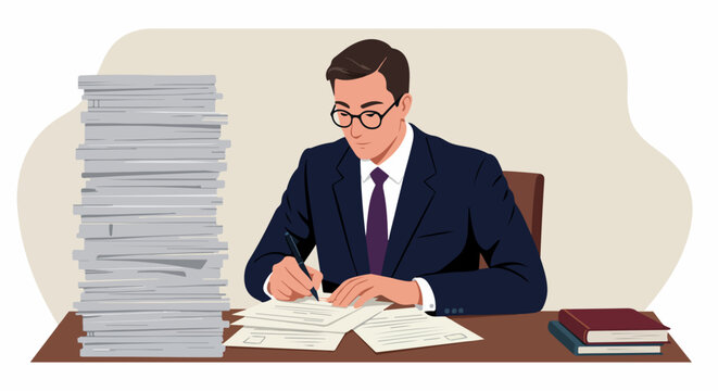 Overworked employee at desk surrounded by stack of papers, employee working long hours. Facing stack of papers requires diligence and perseverance to reach deadline. - Powered by Adobe