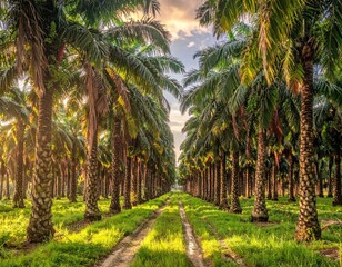 Obraz premium Palm Tree Plantation with Rows of Trees Under Sunny Sky in Tropical Landscape