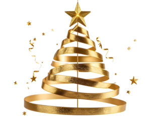 Gold Christmas Tree Made of Hanging Ribbons and Star Topper, Floating Effect, Transparent PNG